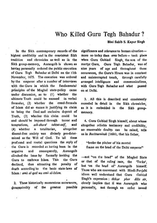 Who Killed Guru Tegh Bahadur - Sirdar Kapur Singh